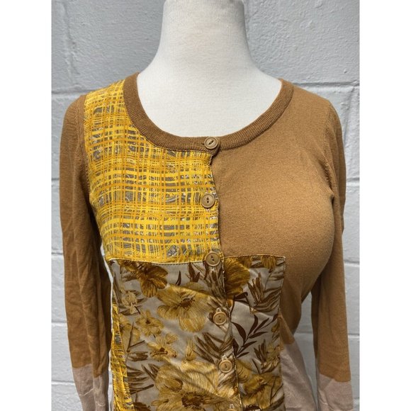 Anthropologie GUINEVERE Silk XS Cardigan Womens Large 3/4 Sleeve Orange Tan - Picture 2 of 11